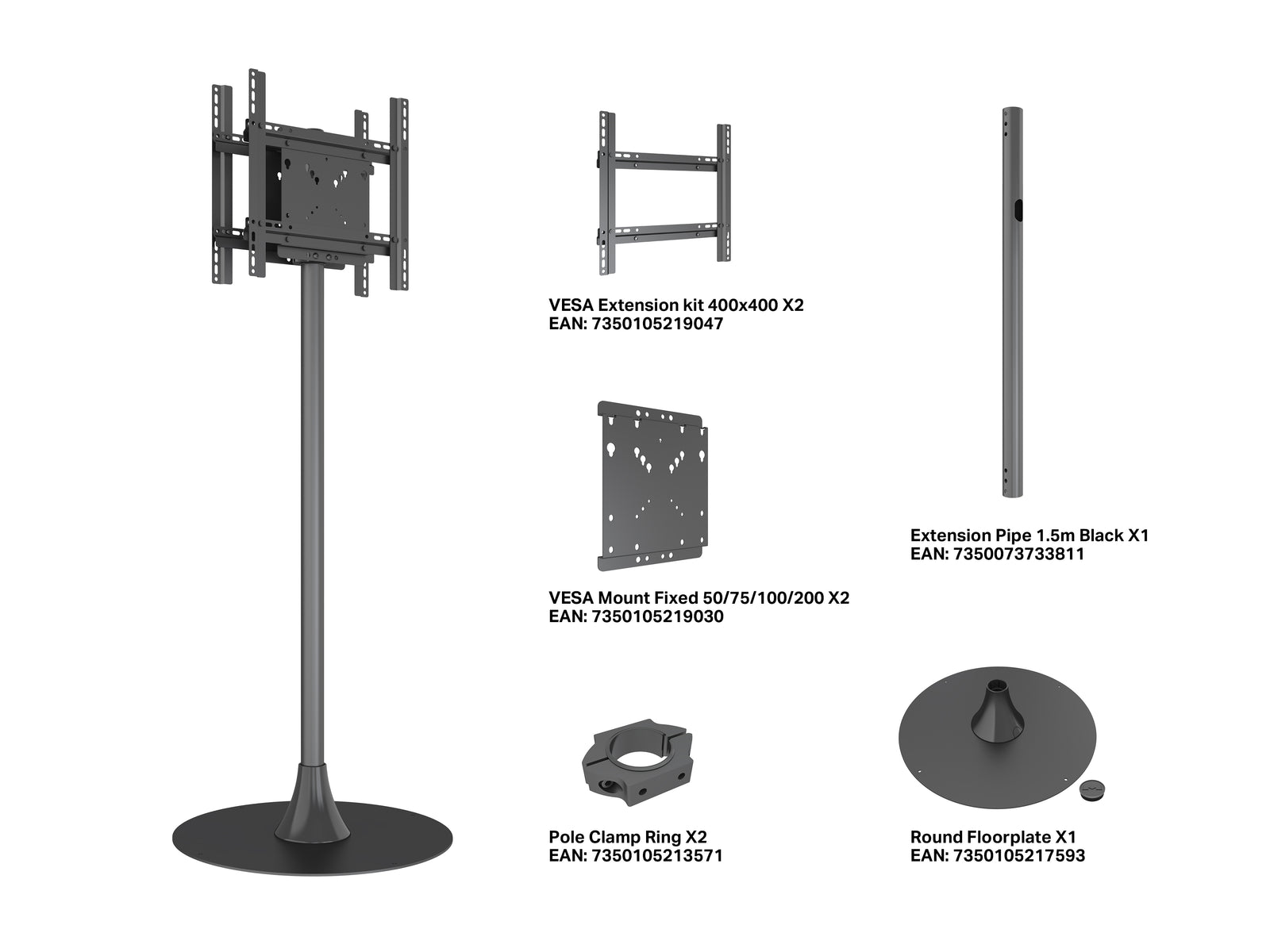 Multibrackets M Pro 1.5m Dual Side Single Pole Floorstand For 32"-65" Screens | 7350105219115 Floor Stand Multibrackets