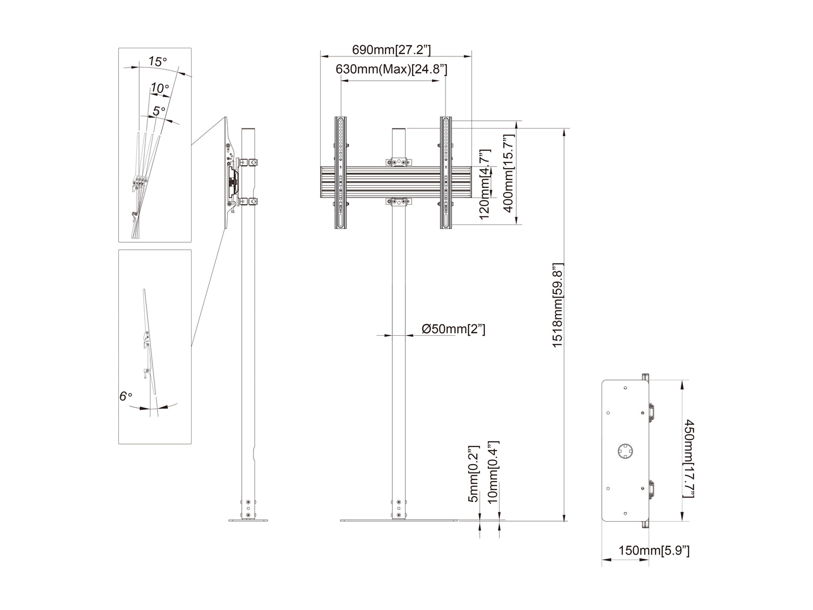 Multibrackets M Pro 1.5m Single Pole Floor Stand For 32"-65" Screens | 7340234810147