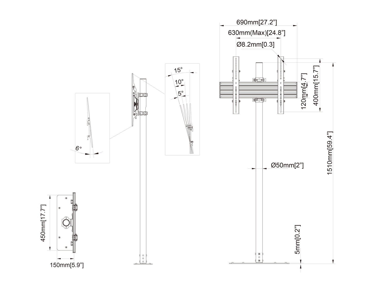 Multibrackets M Pro 1.5m Single Pole Floor Stand For 32"-65" Screens | 7340234813155