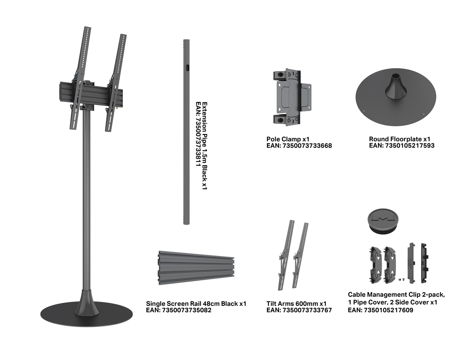 Multibrackets M Pro 1.5m Single Pole Floorstand For 32"-65" Screens | 7350105218361 Floor Stand Multibrackets