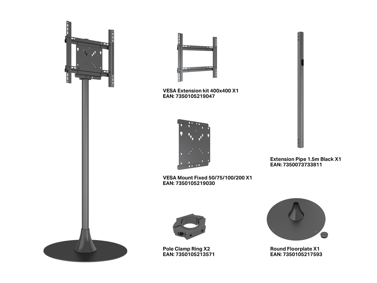 Multibrackets M Pro 1.5m Single Pole Floorstand For 32"-65" Screens | 7350105219092 Floor Stand Multibrackets