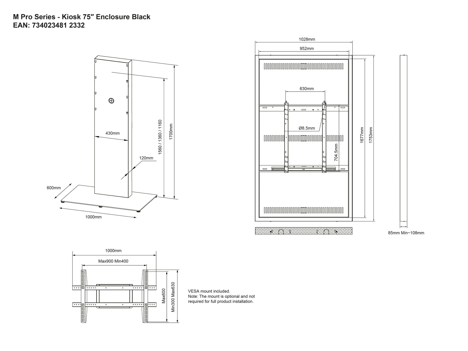 Multibrackets M Pro 75" Digital Signage Kiosk Enclosure – Black | 7340234812332 Kiosk Stand Multibrackets