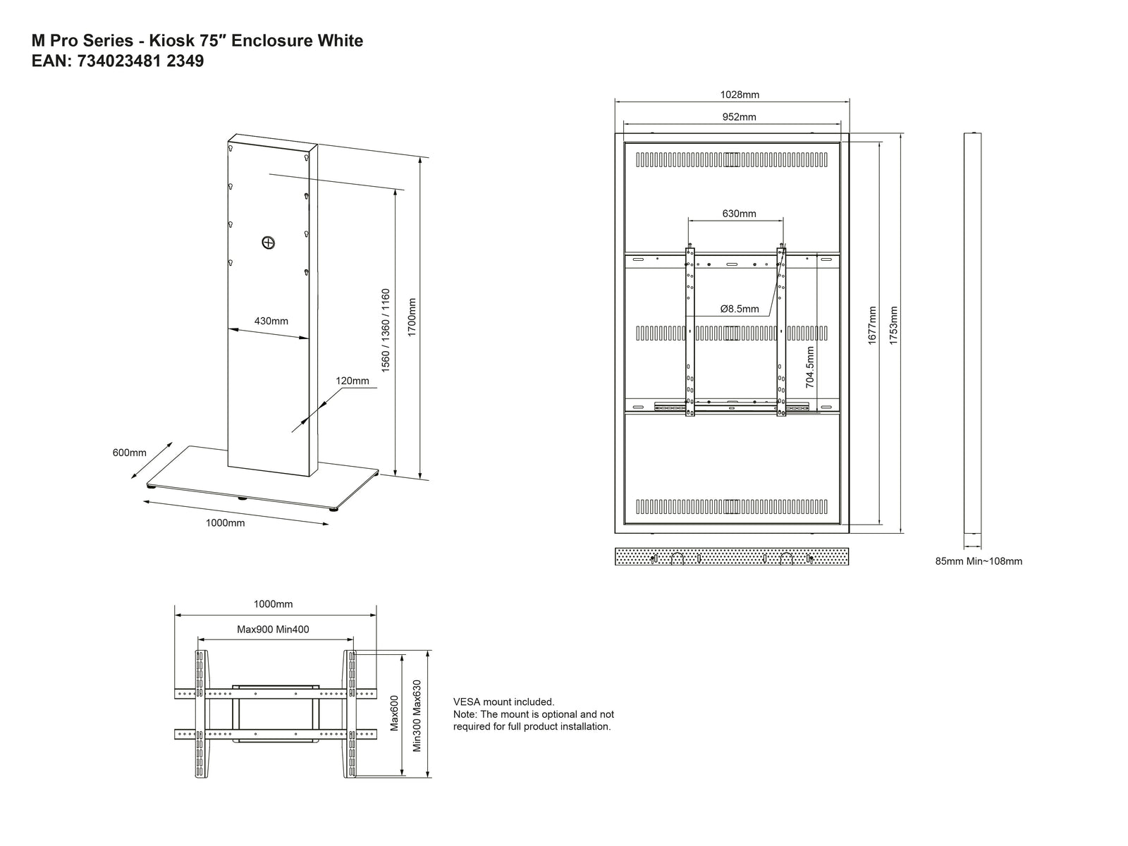 Multibrackets M Pro 75" Digital Signage Kiosk Enclosure – White | 7340234812349 Kiosk Stand Multibrackets