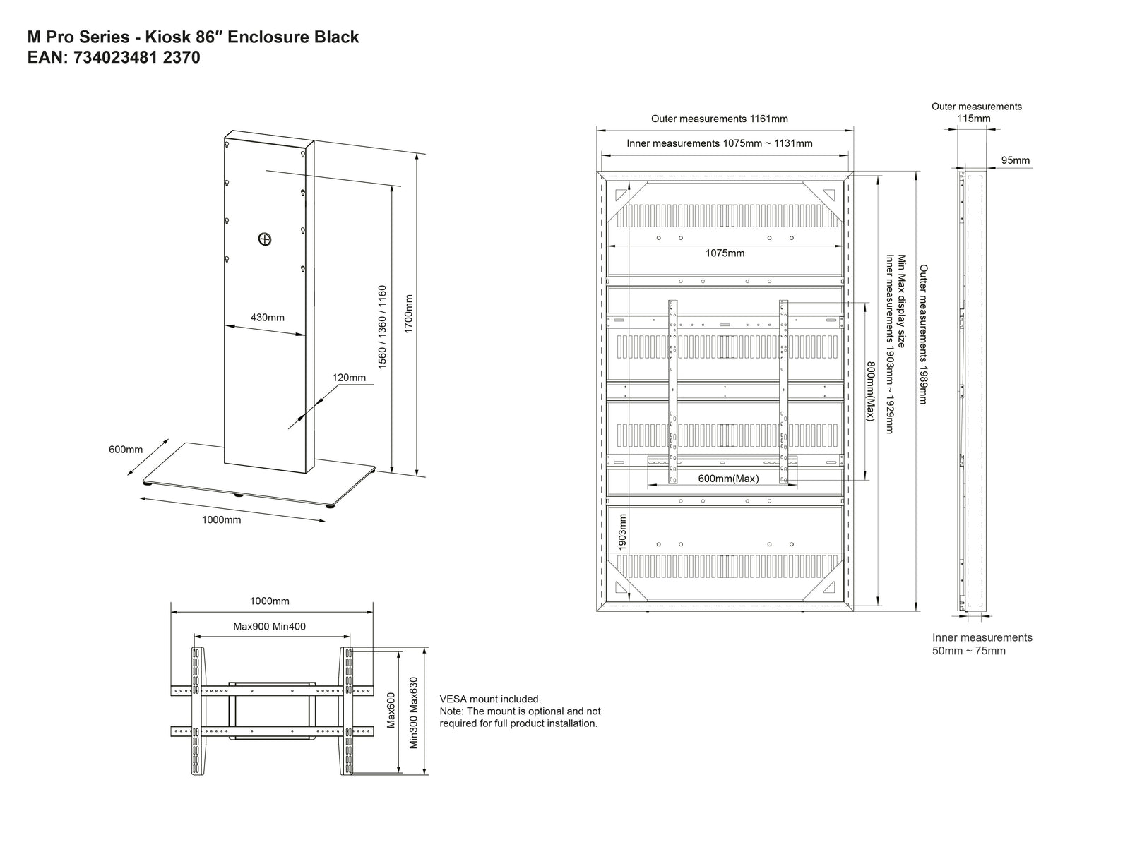 Multibrackets M Pro 86" Digital Signage Kiosk Enclosure – Black | 7340234812370 Kiosk Stand Multibrackets