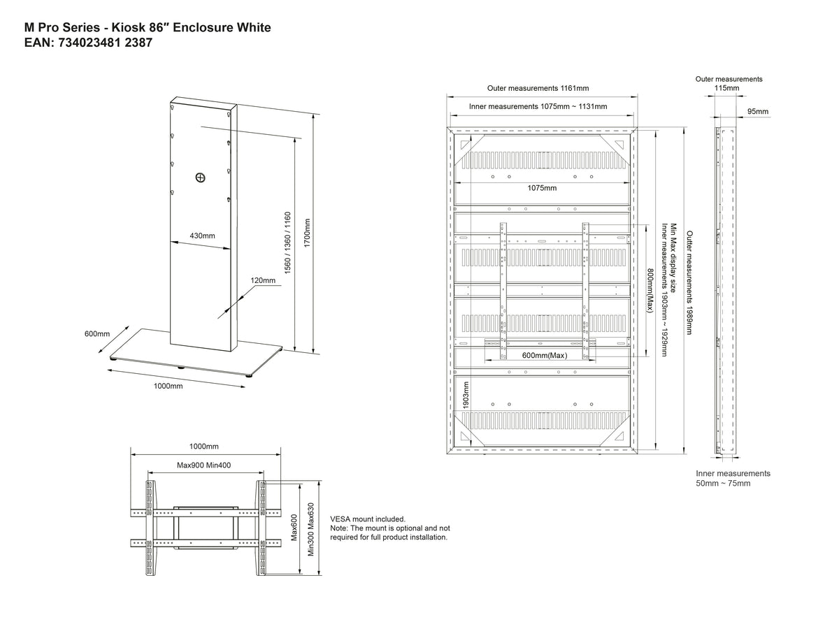 Multibrackets M Pro 86" Digital Signage Kiosk Enclosure – White | 7340234812387 Kiosk Stand Multibrackets