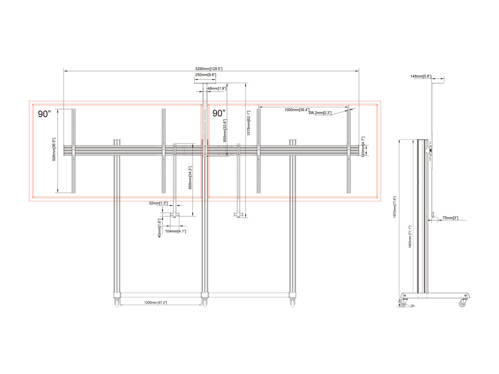 Multibrackets M Pro Collaboration Side by Side Dual Display Floorstand for 75"-90" Screens | 7340234810772 Floor Stand Multibrackets