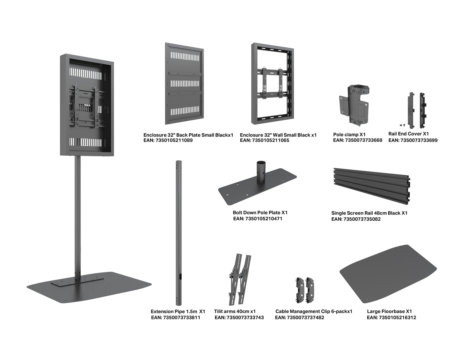Multibrackets M Pro Series 32" Single Pole Floorbase Digital Signage Enclosure – Black | 7350105219894 Signage Display Enclosures Multibrackets