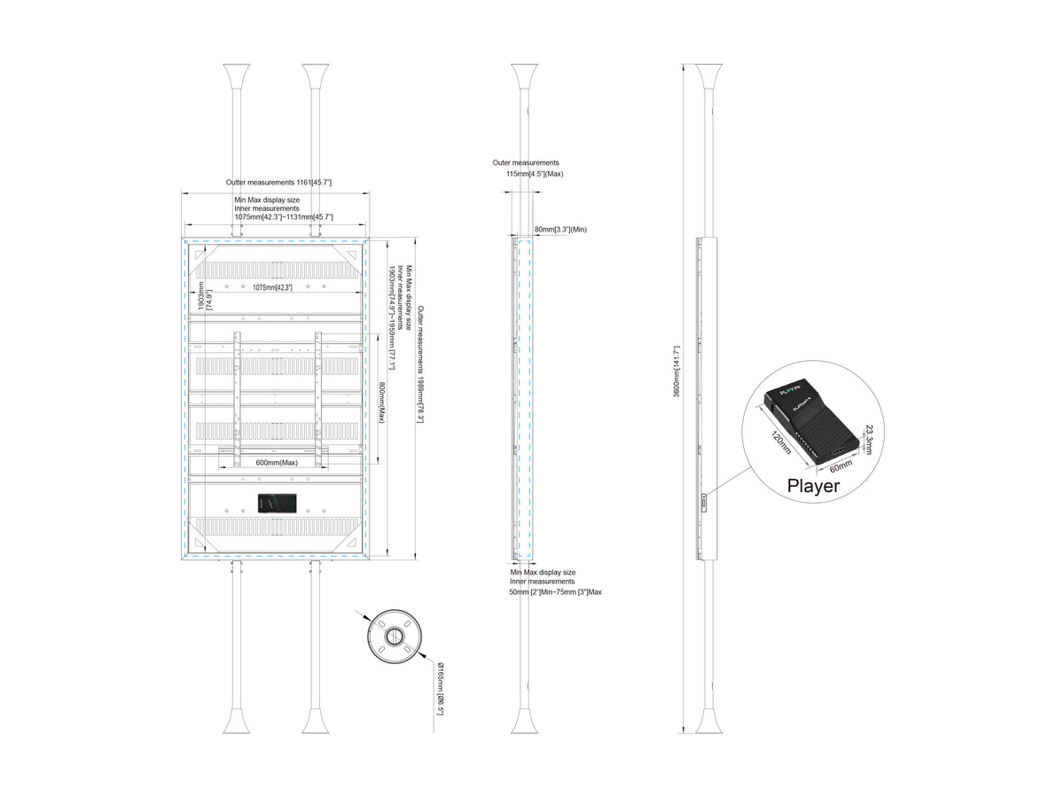 Multibrackets M Pro Series 86" Dual Pole Floor-to-Ceiling Display Enclosure – Black | 7340234815616 Floor to Ceiling Display Mount Multibrackets