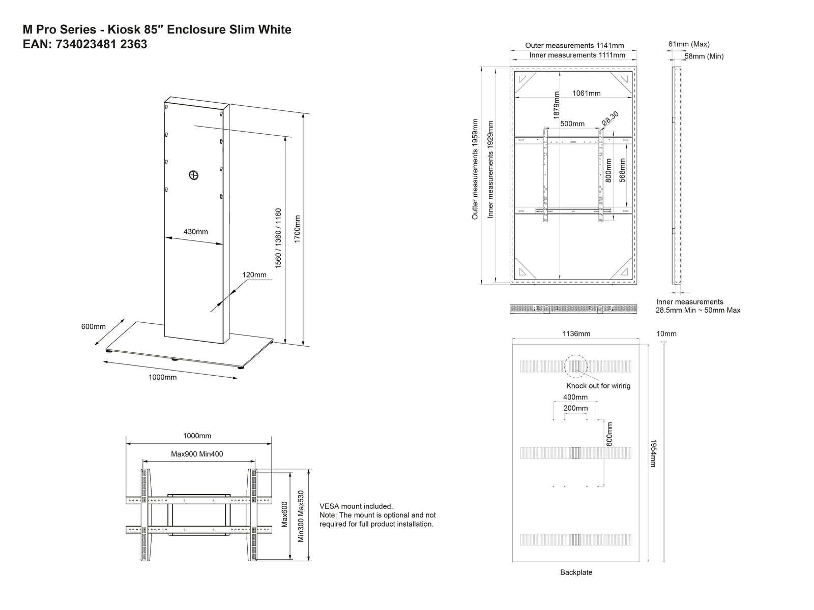 Multibrackets M Pro Slim 85" Digital Signage Kiosk Enclosure - White | 7340234812363 Kiosk Stand Multibrackets