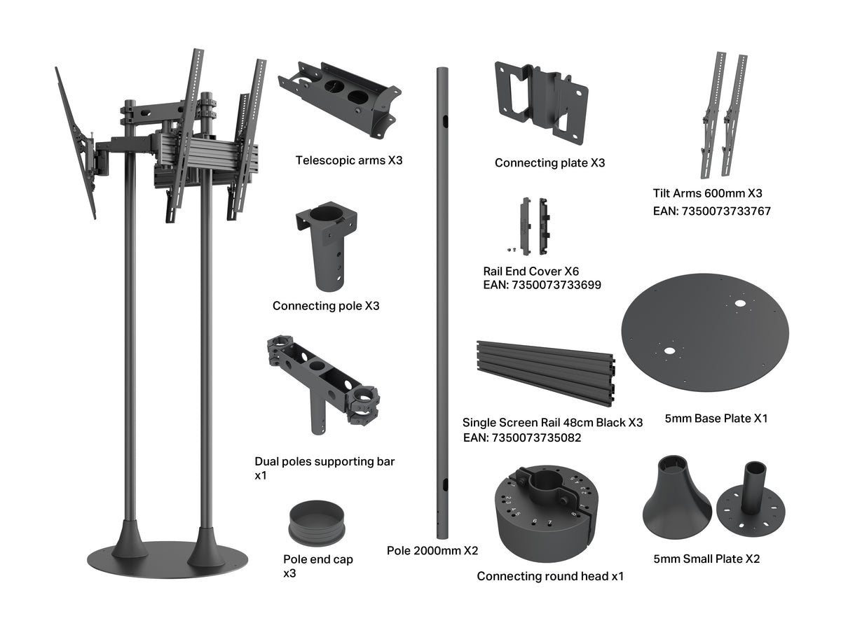 Multibrackets M Pro Triple Floor Stand 32–65" VESA 400x400 – Black | 7340234812103 Floor Stand Multibrackets