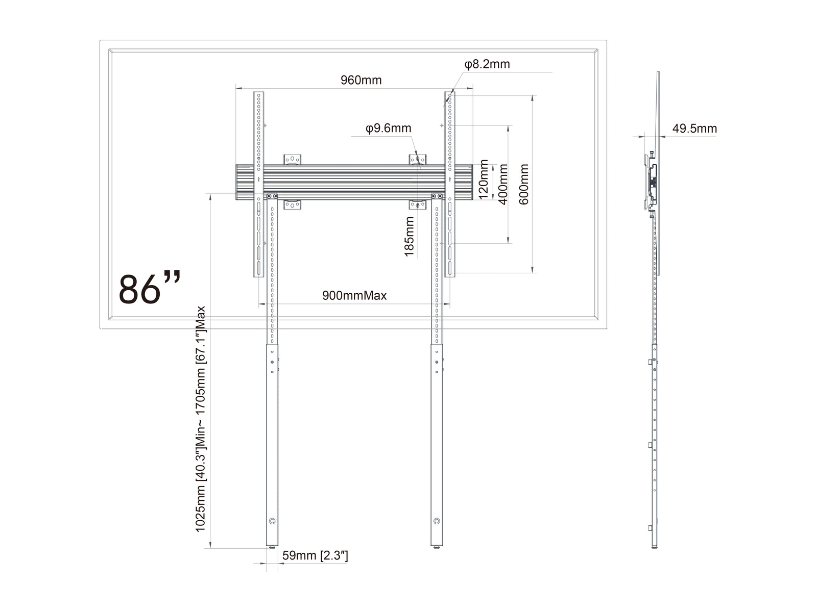 Multibrackets M Pro Wall Mount with Floor Support - Max VESA 900x600 | 7340234810802 Wall Mount Bracket Multibrackets