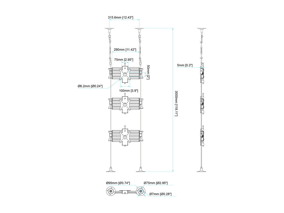Multibrackets M Pro Wire MBC3U Triple Screen Floor to Ceiling Mount 27"-32" Screens | 7340234811304 Floor to Ceiling Display Mount Multibrackets