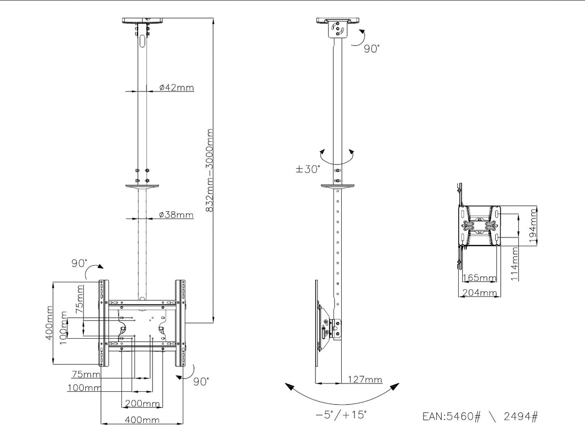 Multibrackets M Public Ceiling Mount Medium Single for 32"-65" Screens | 7350073732494 Ceiling Mount Bracket Multibrackets
