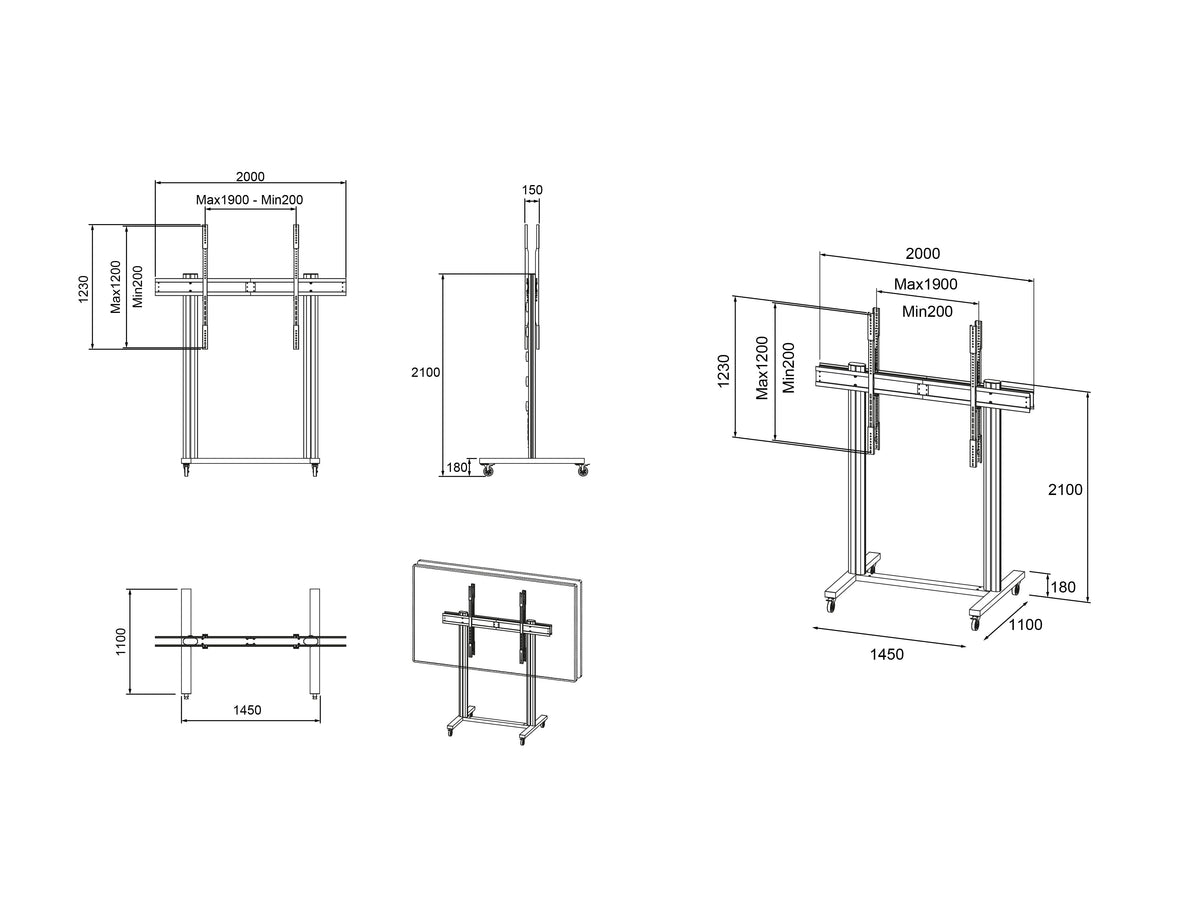 Multibrackets M Public Display Stand 210 Dual-Screen Mobile Floor Stand 86" – Black | 7340234815685 Floor Stand Multibrackets