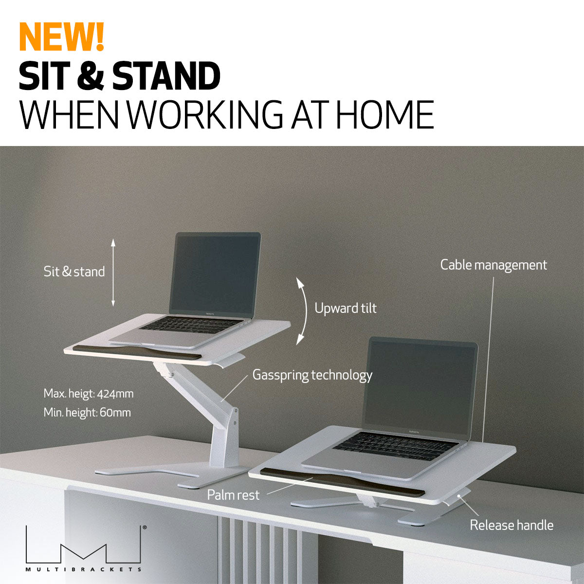 Multibrackets M Sit-Stand Height Adjustable Laptop Workstation - White | 7350073739141