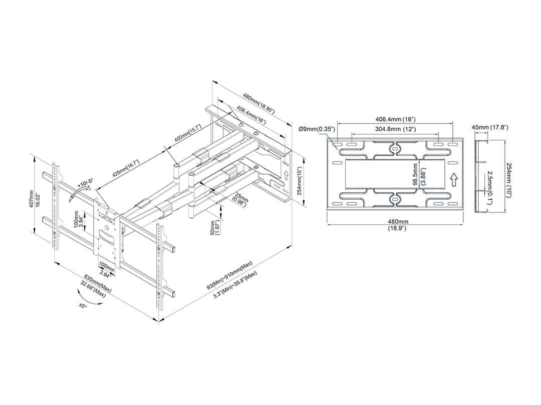 Multibrackets M Universal Long Reach Dual Arm TV Wall Mount - 50" to 86" Screen Wall Mount Bracket Multibrackets