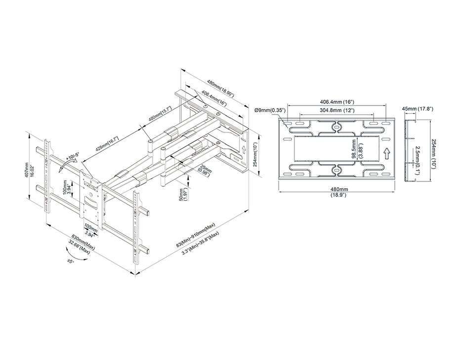 Multibrackets M Universal Long Reach Dual Arm TV Wall Mount - 50" to 86" Screen Wall Mount Bracket Multibrackets