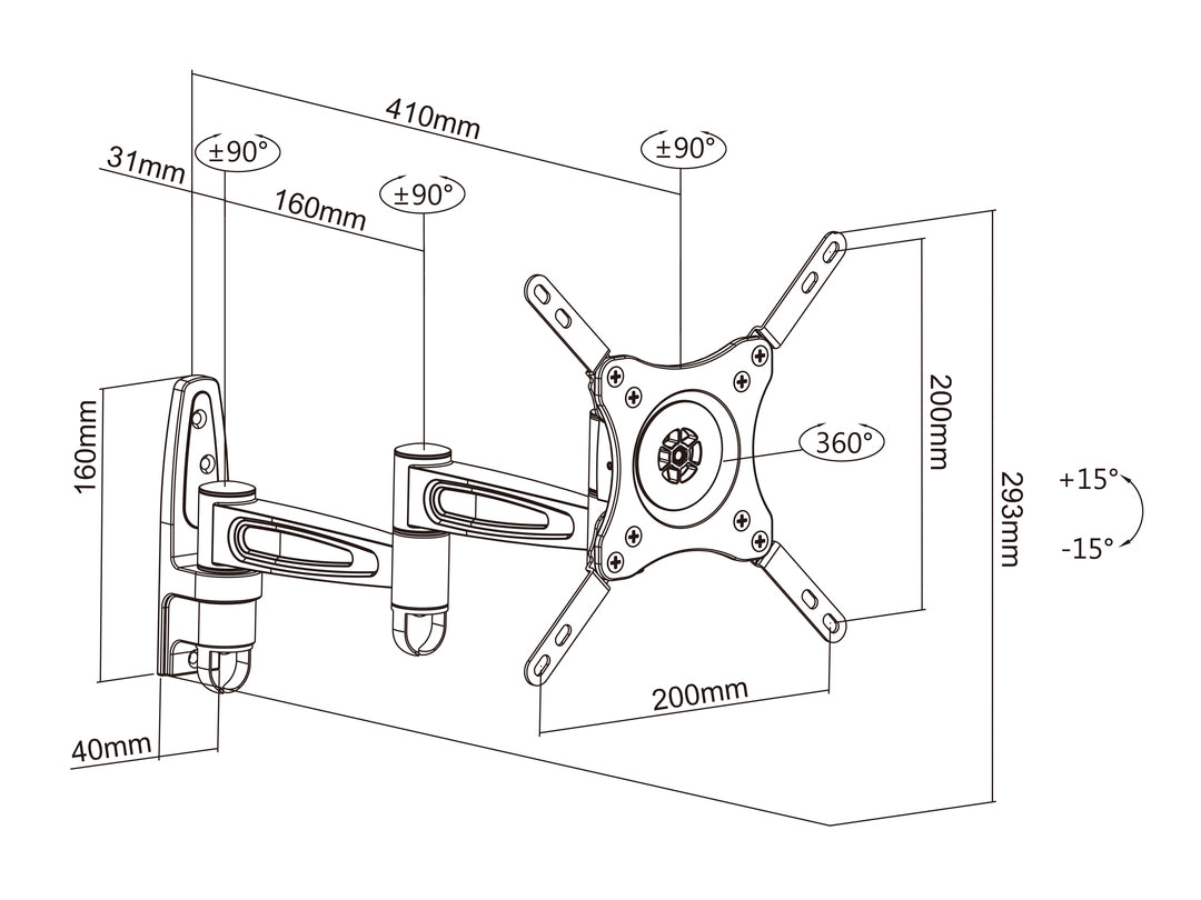 Multibrackets M VESA Flexarm 360 III Extended Full Motion Wall Mount for 15"–32" Screens | 7350022733268 Wall Mount Bracket Multibrackets