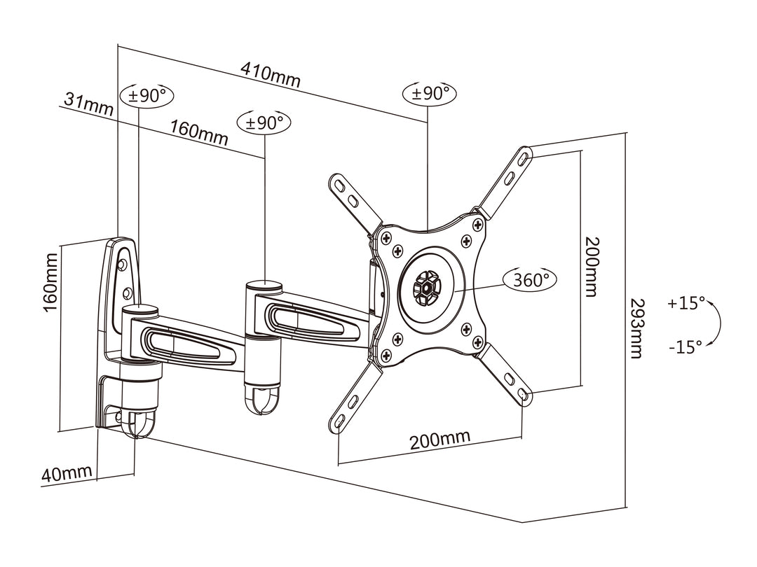 Multibrackets M VESA Flexarm 360 III Extended Full Motion Wall Mount for 15"–32" Screens | 7350022736092 Wall Mount Bracket Multibrackets