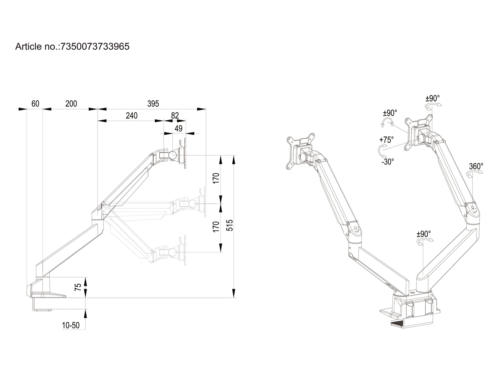 Multibrackets M VESA Gas Lift Dual Monitor Arm for 15"–34" Monitors | 7350073733965