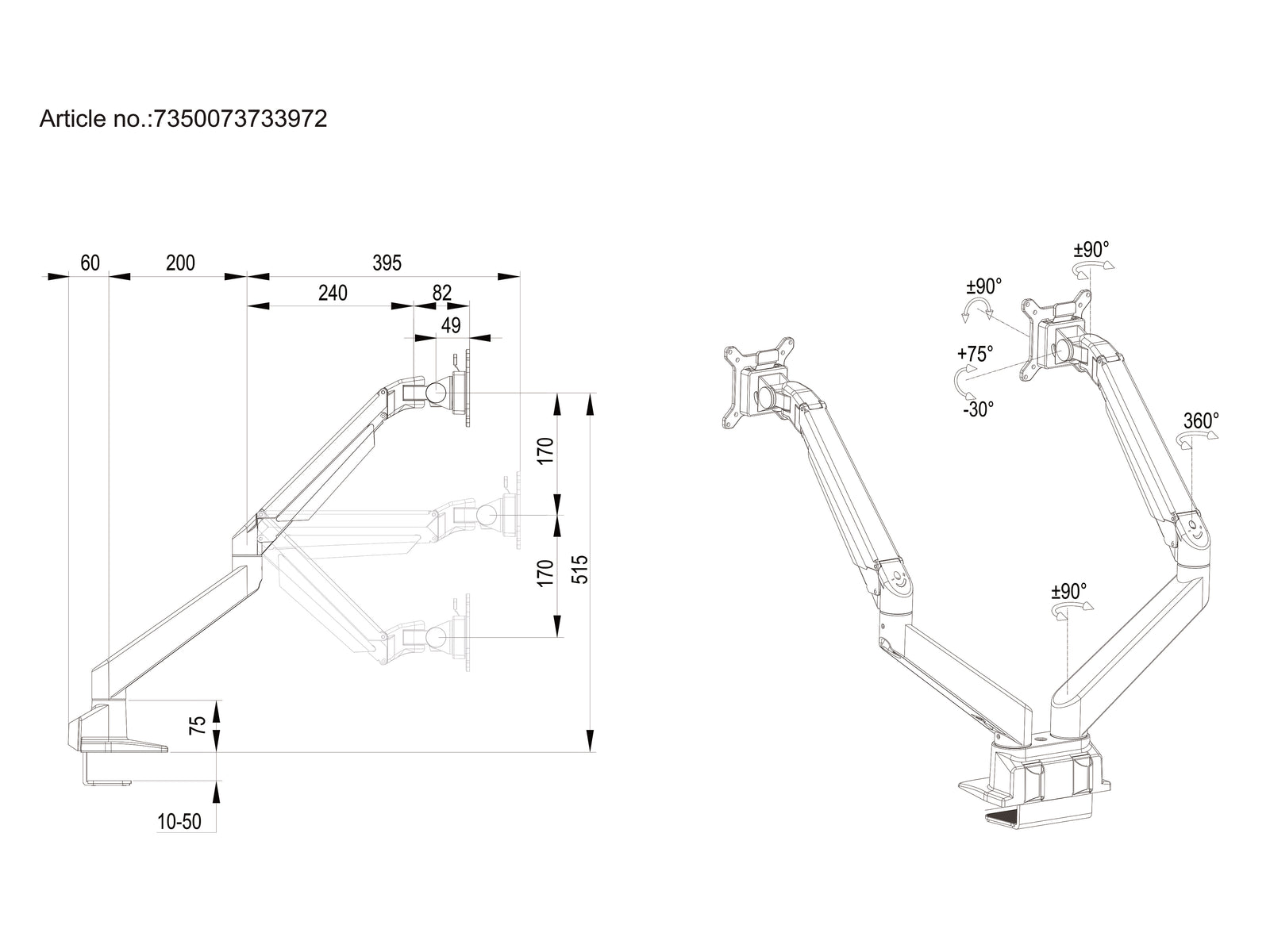 Multibrackets M VESA Gas Lift Dual Monitor Arm Side by Side for 15"–34" Monitors | 7350073733972