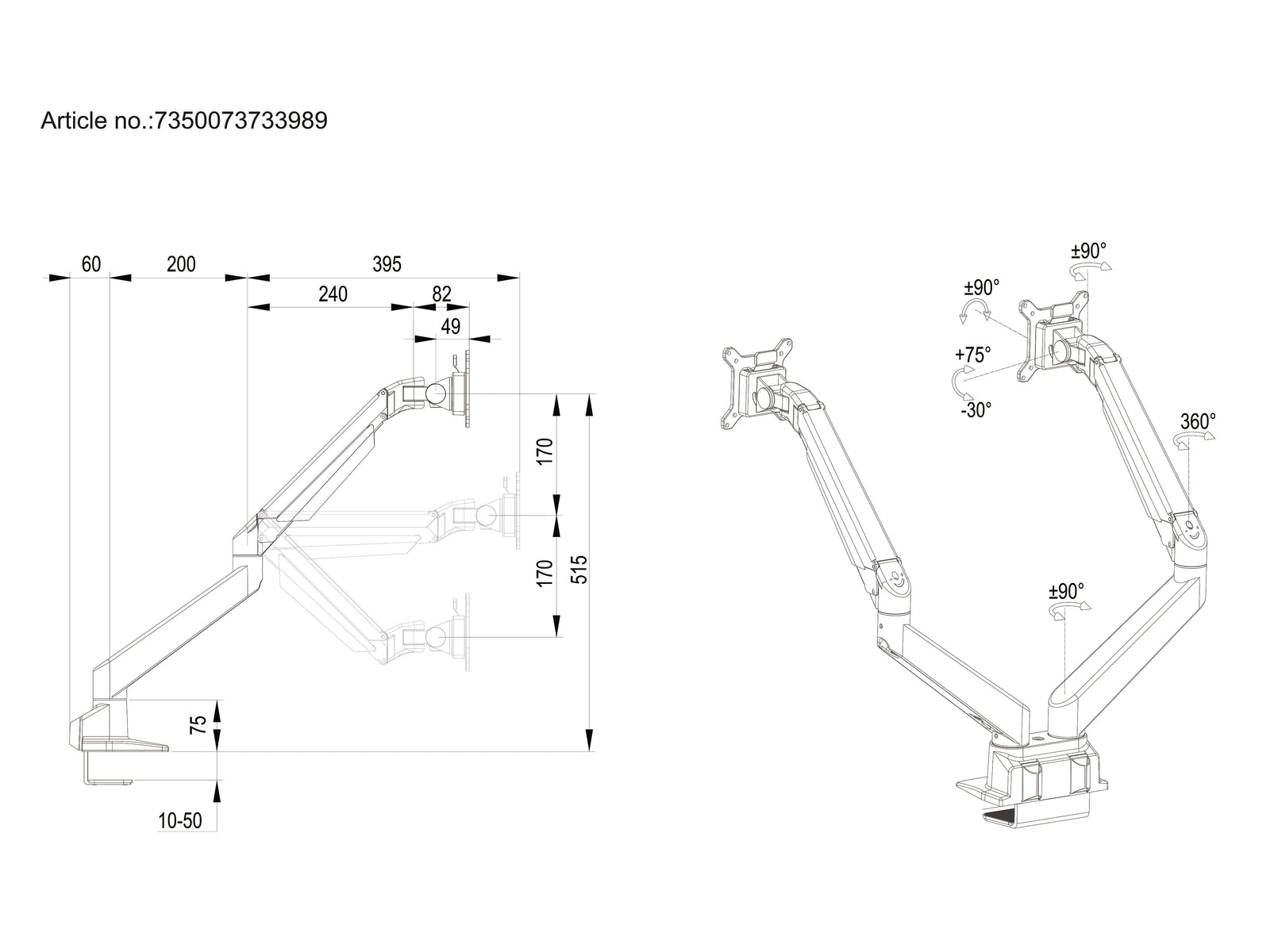 Multibrackets M VESA Gas Lift Dual Monitor Arm Side by Side for 15"–34" Monitors | 7350073733989