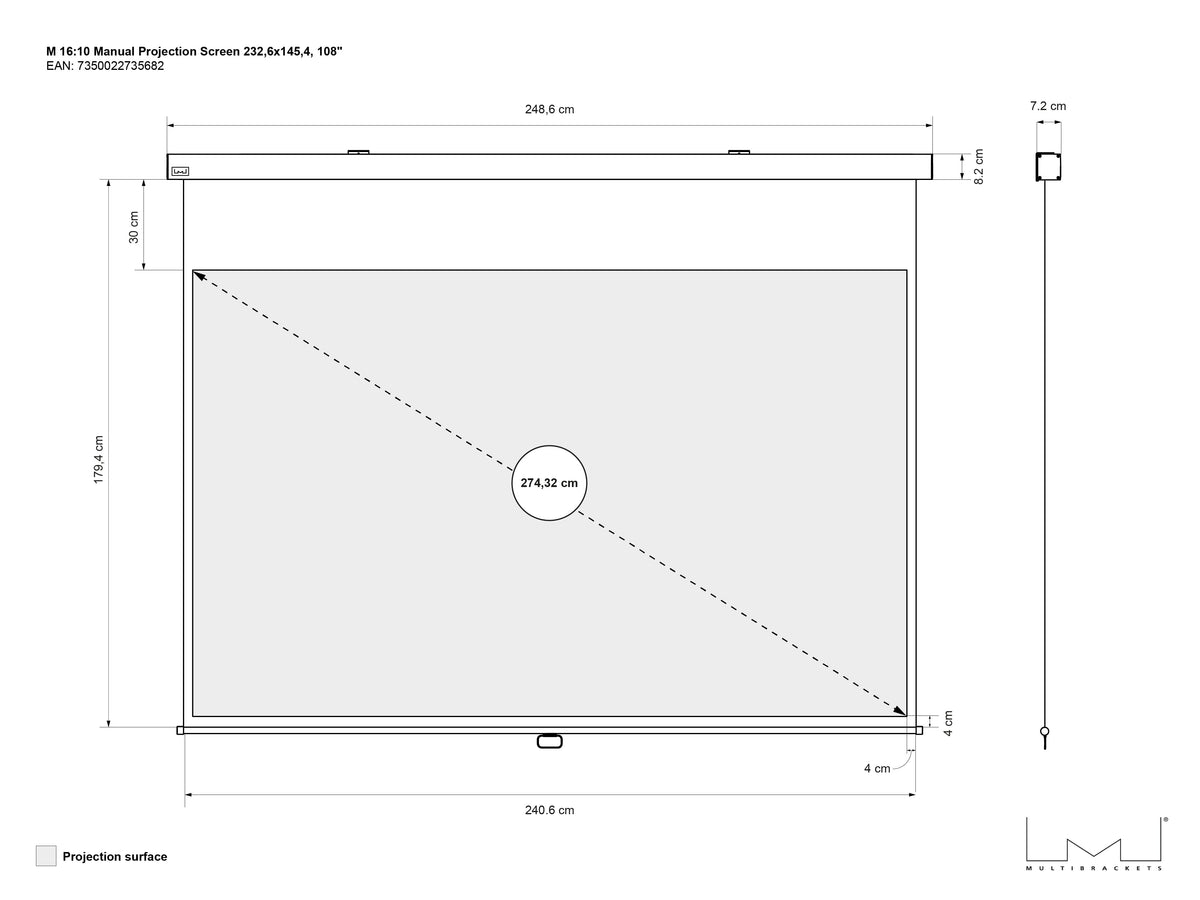 Multibrackets Manual Projection Screen Deluxe 108" 16:10 – White | 7350022735682 Projector Accessories Multibrackets