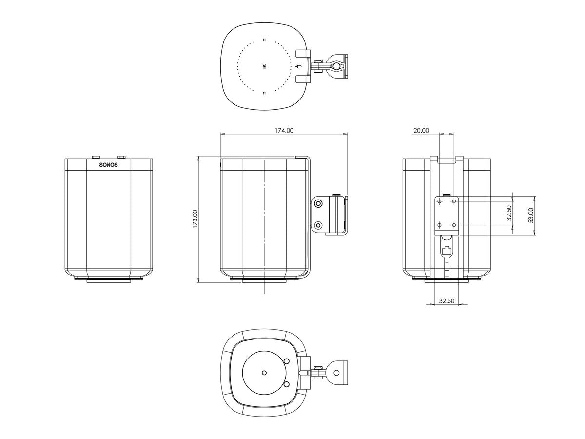 Multibrackets Tilt & Rotate Wall Mount for Sonos One, One SL & Play:1 – White | 7350105215414 Speaker Mount Multibrackets