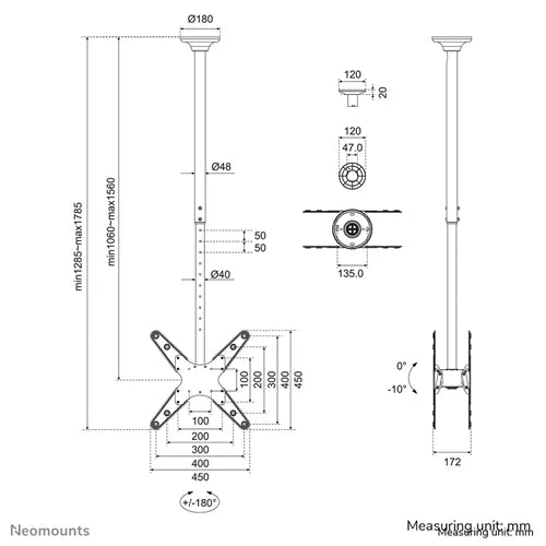 NeoMounts FPMA-C340DBLACK TV/Monitor Ceiling Mount - For 32-75" Screens Ceiling Mount Bracket NeoMounts