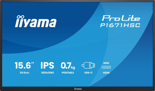 iiyama ProLite P1671HSC-B1 15.6″ 60Hz 3ms Portable Full HD IPS Monitor With USB‑C Desktop Monitor iiyama