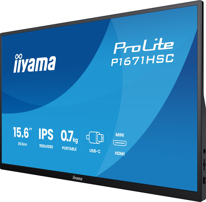 iiyama ProLite P1671HSC-B1 15.6″ 60Hz 3ms Portable Full HD IPS Monitor With USB‑C Desktop Monitor iiyama