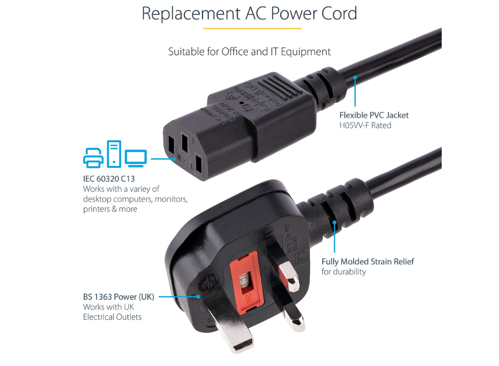 StarTech 3m UK Computer Power Cable – 3 Pin Mains Lead | PXT101UK3M Power Cable Startech