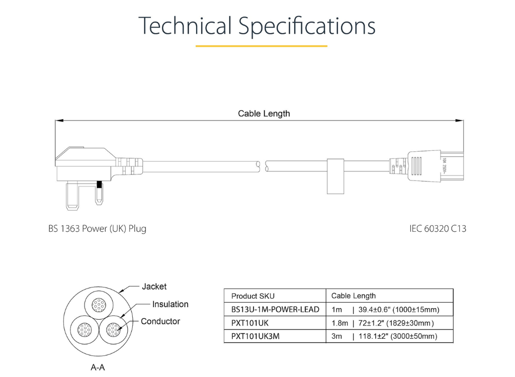 StarTech 3m UK Computer Power Cable – 3 Pin Mains Lead | PXT101UK3M Power Cable Startech
