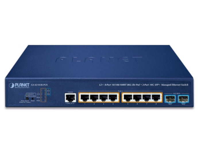 Planet GS-4210-8UP2X 8-Port 10/100/1000T 802.3bt PoE + 2-Port 10G SFP+ Managed Ethernet Switch Network Switch Planet