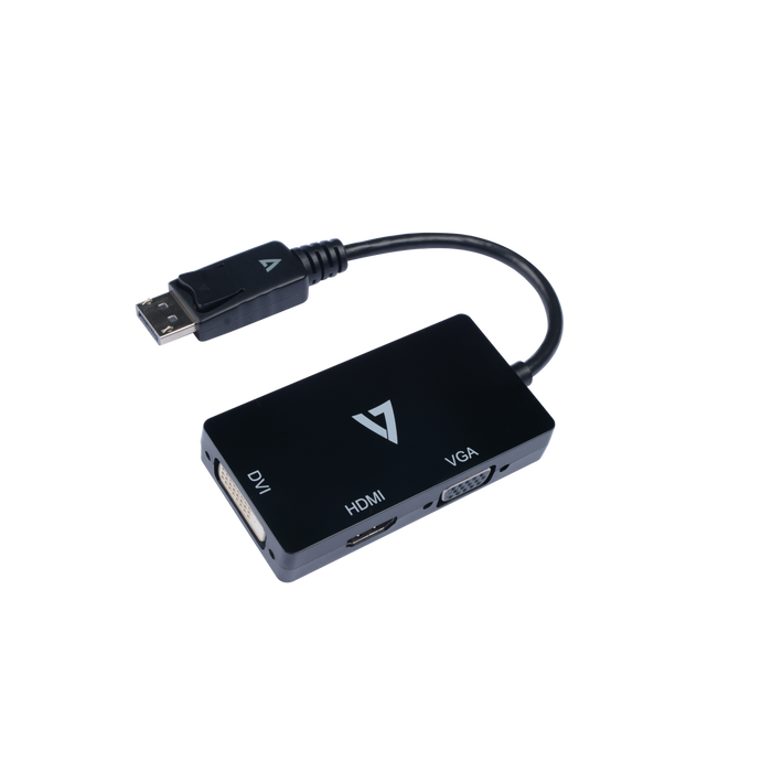 V7 DisplayPort 1.2 Male to VGA Female, DVI-D Female, HDMI 1.4 Female Adapter 1080P FHD Black | V7DP-VGADVIHDMI-1E