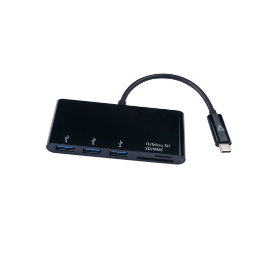 V7 USB-C Male to 3 x USB A Female, Micro SD, SD/MMC USB 3.2 Gen1 5 Gbps Black - V7UC3U-HUB-BLK-1E