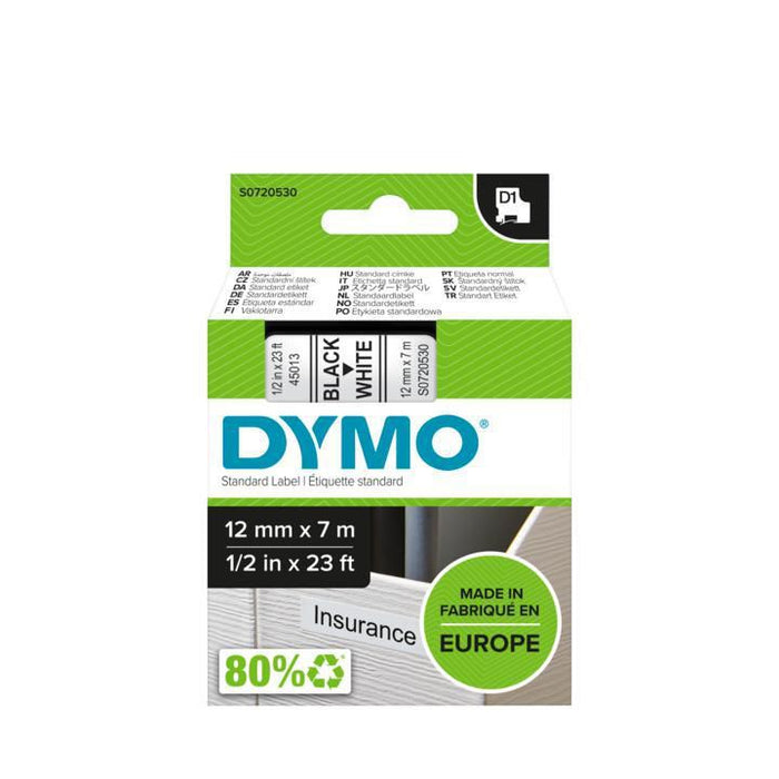 DYMO D1 12mm x 7m Black on White Standard Labels | S0720530 Label Making Tape DYMO