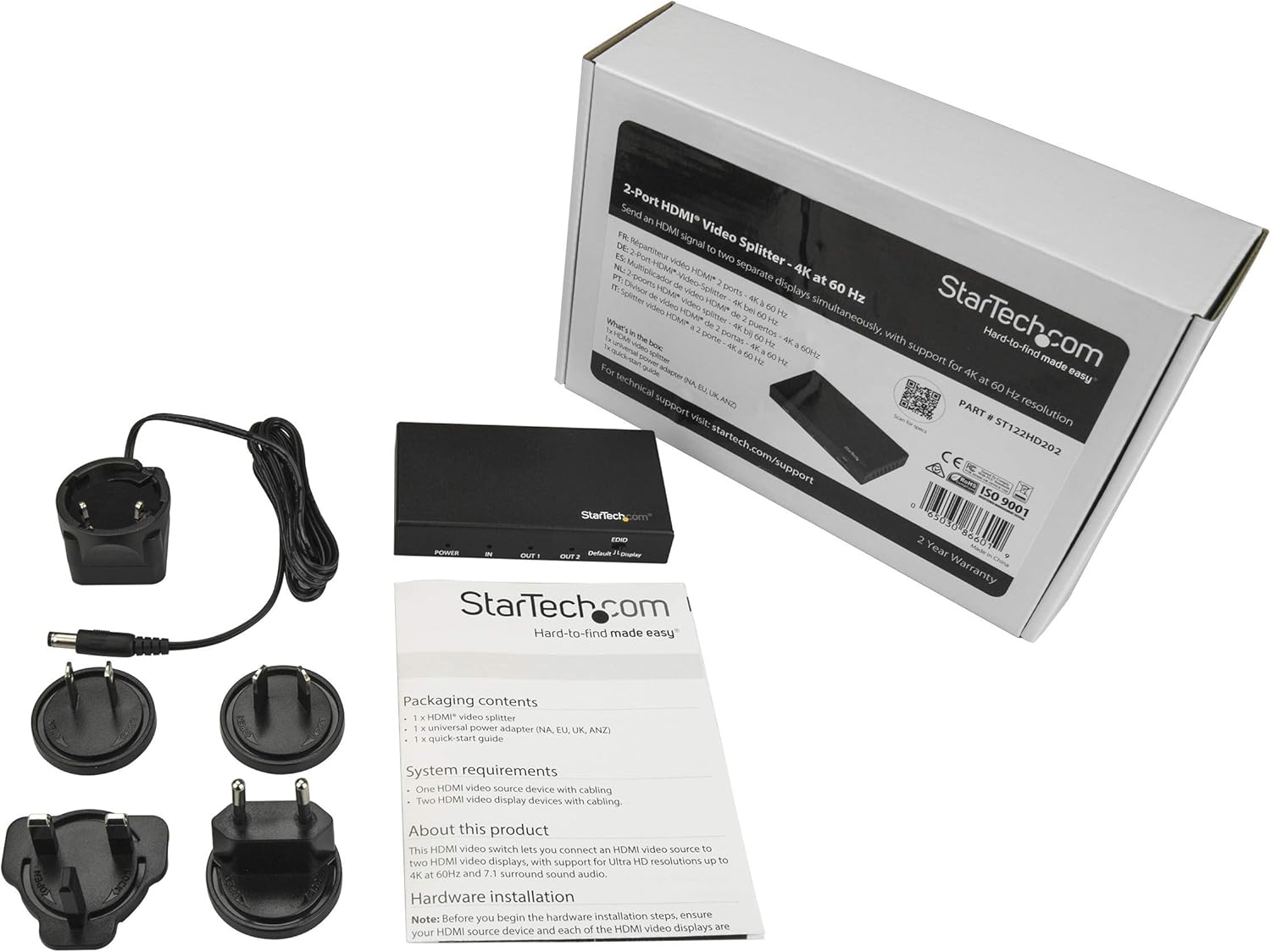 Startech 4K 60Hz 2-Port HDMI Splitter with HDR | ST122HD202 Splitter Startech