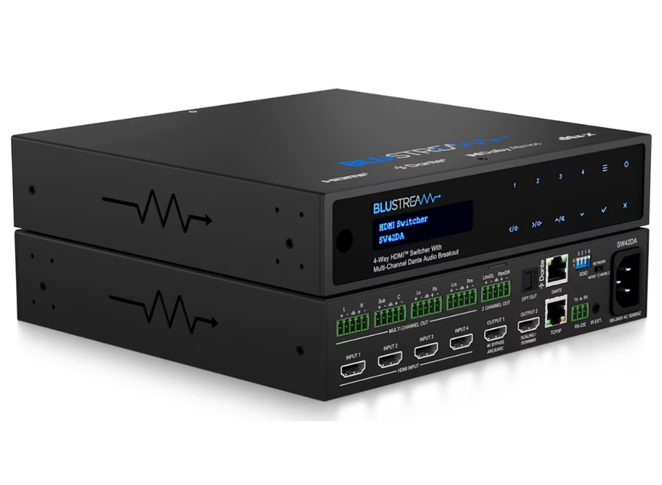 BluStream 4-Way HDMI Switcher with Multi-Channel Dante Audio Breakout | SW42DA Matrix Switcher BluStream