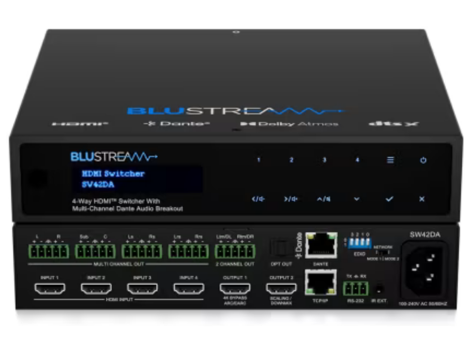 BluStream 4-Way HDMI Switcher with Multi-Channel Dante Audio Breakout | SW42DA Matrix Switcher BluStream