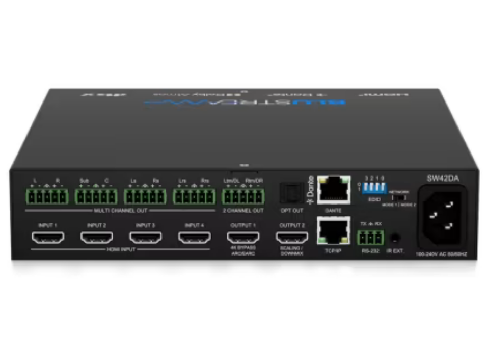 BluStream 4-Way HDMI Switcher with Multi-Channel Dante Audio Breakout | SW42DA Matrix Switcher BluStream