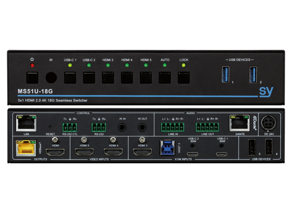 SY Electronics 5-Input 4K60 KVM Switcher with HDBaseT & Dante | SY-MS51U-18G-SET