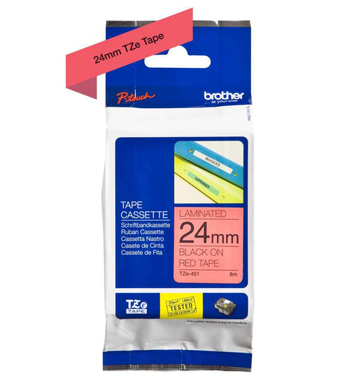 Brother 24 mm Black on Red Laminated Labelling Tape | TZE-451 Labelling Tapes Brother