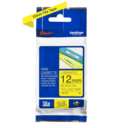 Brother Black on Yellow 8 m Length 12 mm Width Label Printer Tape | TZE-631 Labelling Tapes Brother