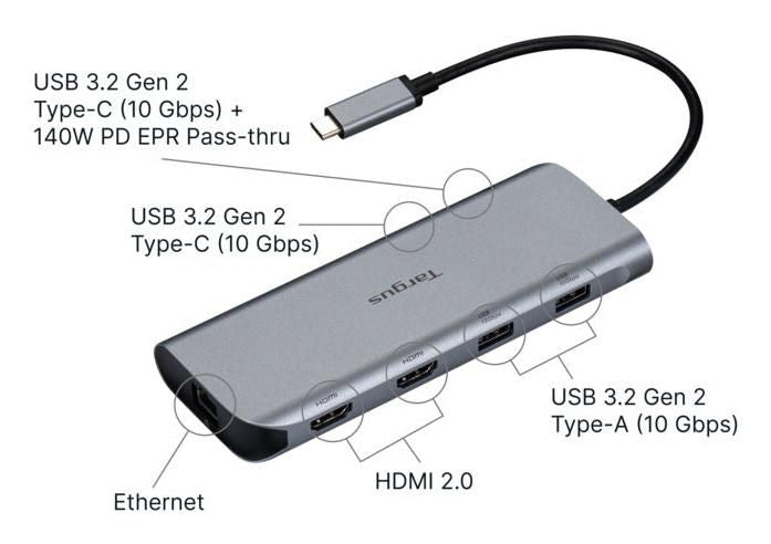 Targus USB-C Dual 4K HDMI Mobile Dock with 140W Power Delivery – Grey | DOCK427GL Laptop Docks & Port Replicators Multibrackets