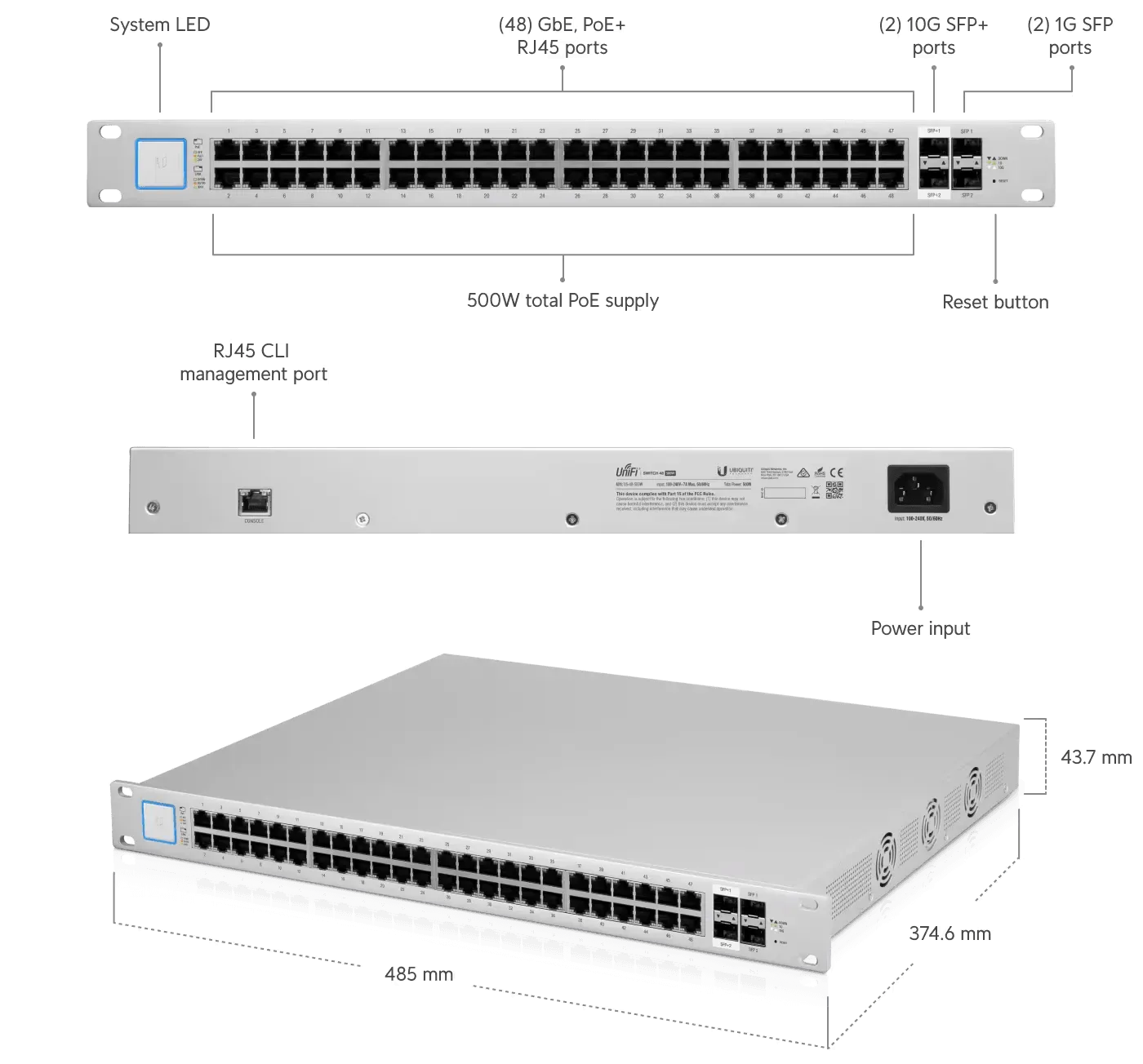 Ubiquiti UniFi 48 Port 500W PoE+ Managed Gigabit Network Switch - US-48-500W Network Switch Ubiquiti