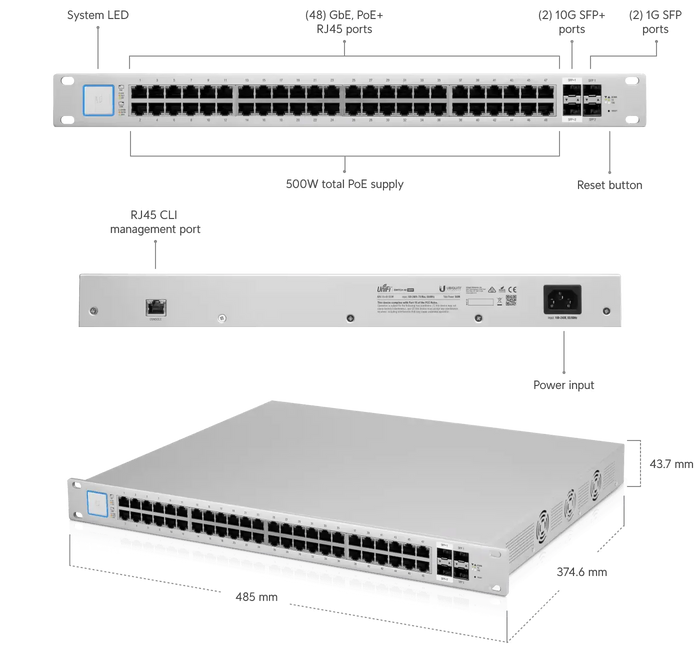 Ubiquiti UniFi 48 Port 500W PoE+ Managed Gigabit Network Switch - US-48-500W Network Switch Ubiquiti