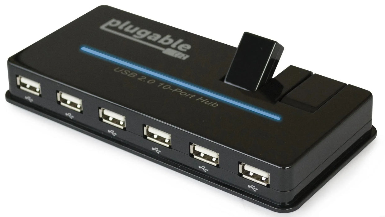 Plugable USB2-HUB10C2-EU USB Hub 10 Port - USB 2.0 with 20W Power Adapter and Two Flip-Up Ports