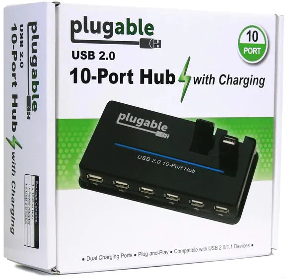 Plugable USB2-HUB10C2-EU USB Hub 10 Port - USB 2.0 with 20W Power Adapter and Two Flip-Up Ports