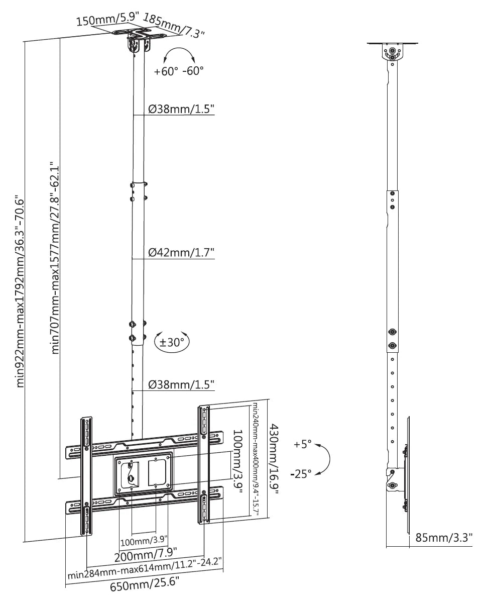 Vision 37" - 75" up to 1.5m Flat-Panel Ceiling Mount | VFM-C6X4/V2 Ceiling Mount Bracket Vision